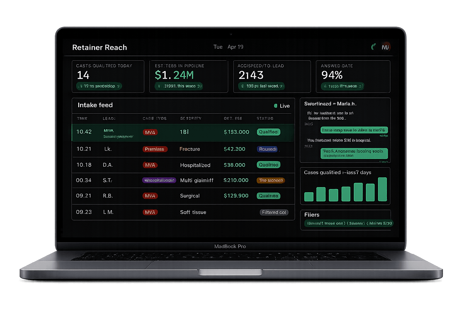 Retainer Reach intake dashboard — live feed of qualified personal injury cases