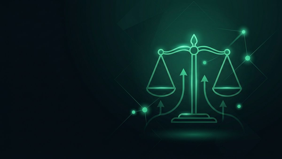 A glowing scales-of-justice emblem with growth arrows, illustrating personal injury law firm marketing