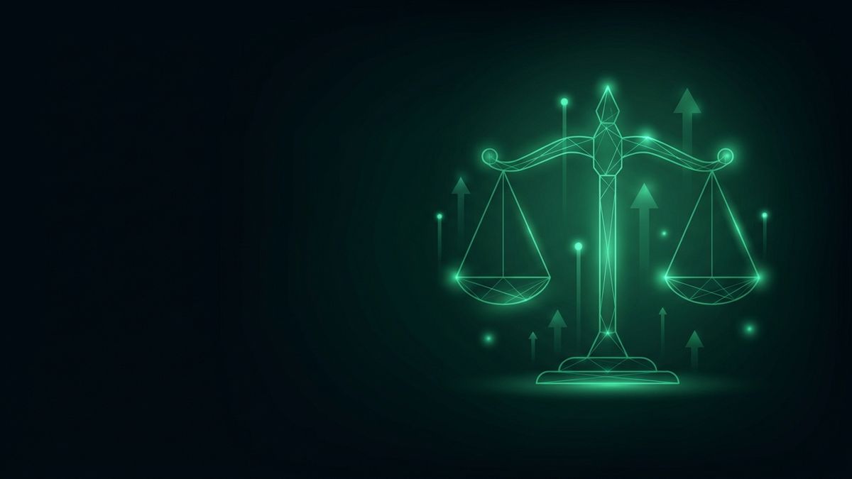 A glowing scales-of-justice emblem with growth arrows, illustrating personal injury law firm marketing