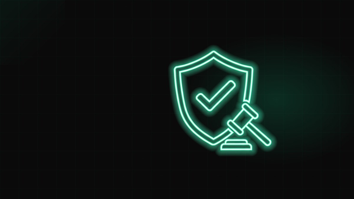 A glowing shield with a checkmark beside a judge gavel, illustrating criminal defense advertising compliance