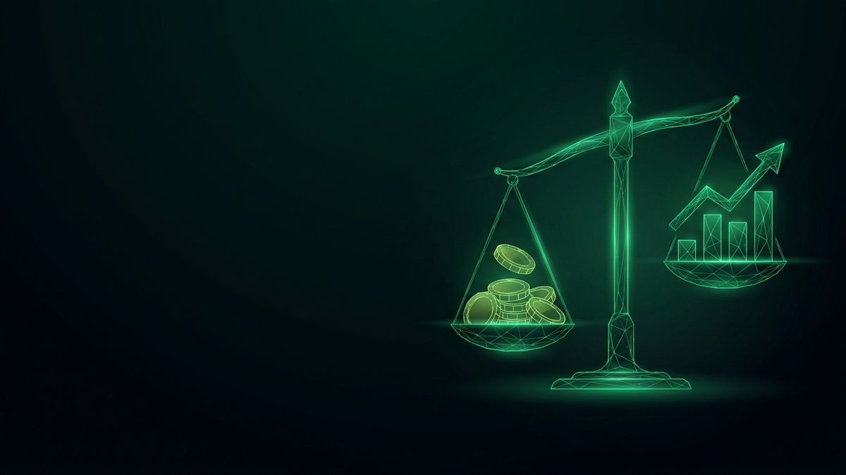 Glowing scales weighing coins against a bar chart, illustrating personal injury marketing economics