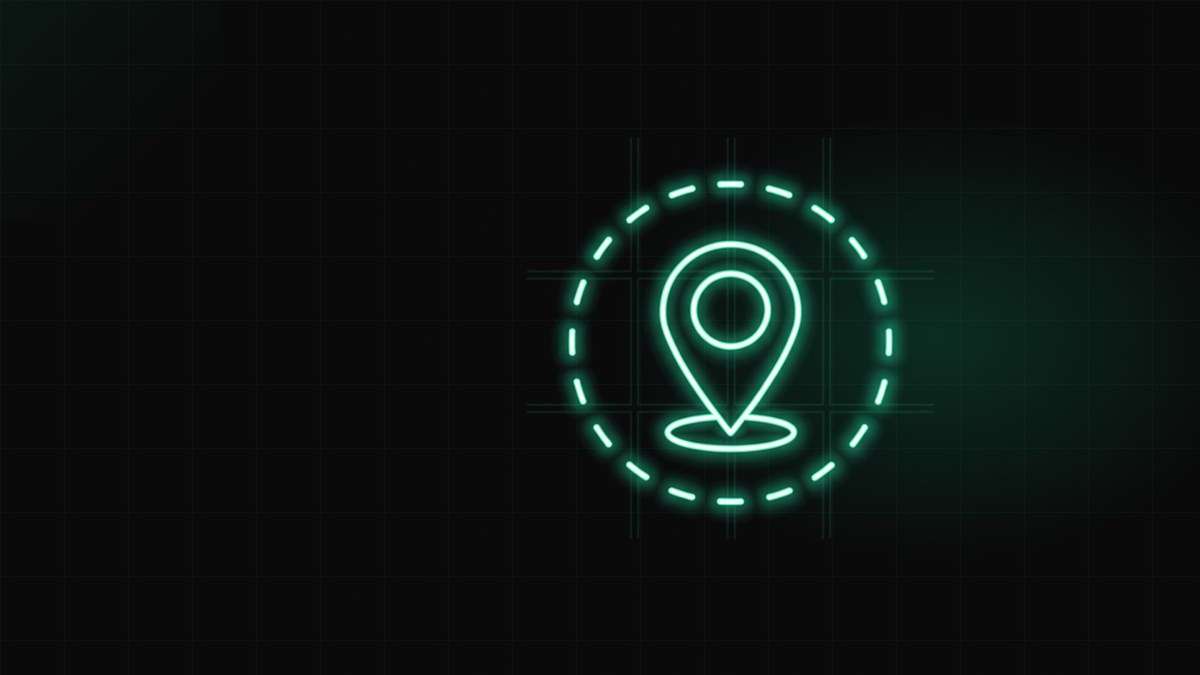 A glowing map pin inside a dashed boundary ring over a city grid, illustrating Facebook ads geofencing for law firms