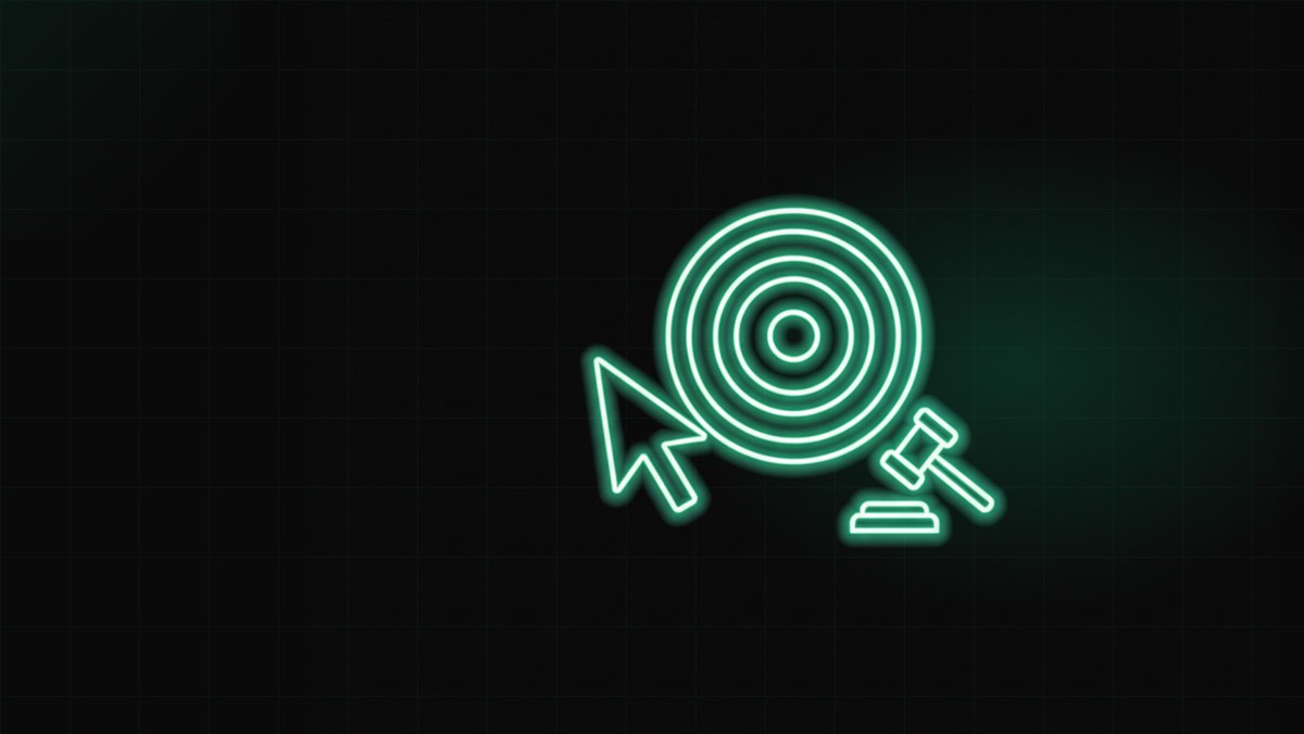 A glowing target with a cursor arrow at its center beside a gavel, illustrating Google Ads for criminal defense firms