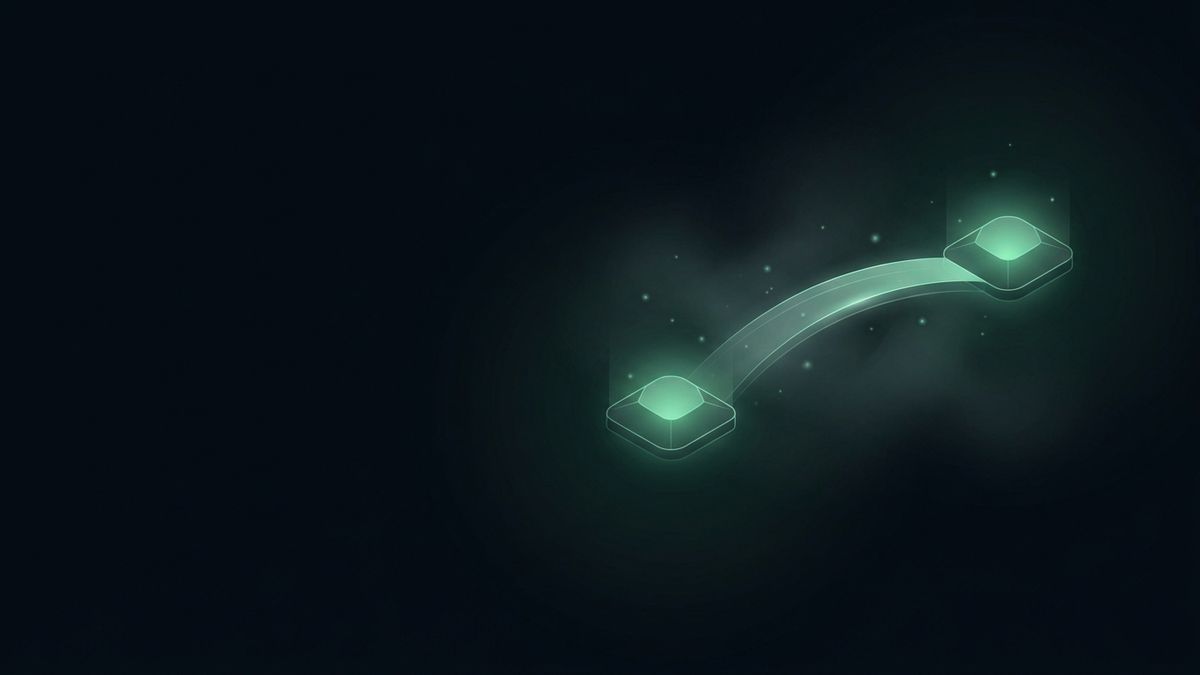 Two glowing nodes joined by a bridge of light, illustrating attorney referrals