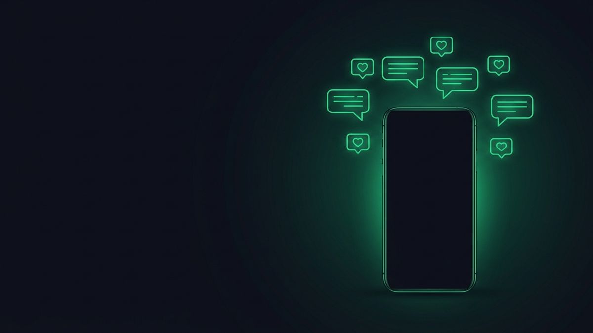 Glowing chat bubbles over a dark phone, illustrating law firm social media