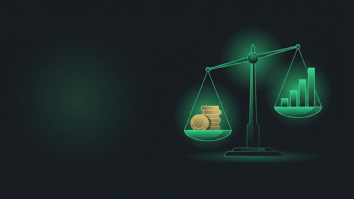 Glowing scales weighing coins against a bar chart, illustrating personal injury marketing economics