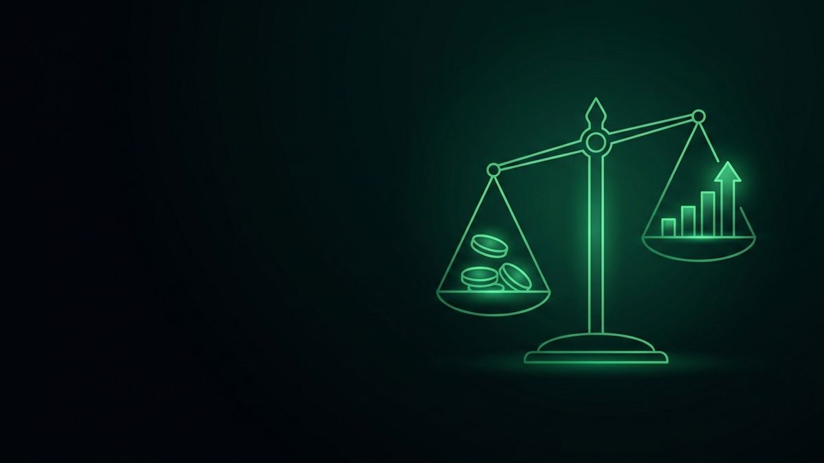 Glowing scales weighing coins against a bar chart, illustrating personal injury marketing economics