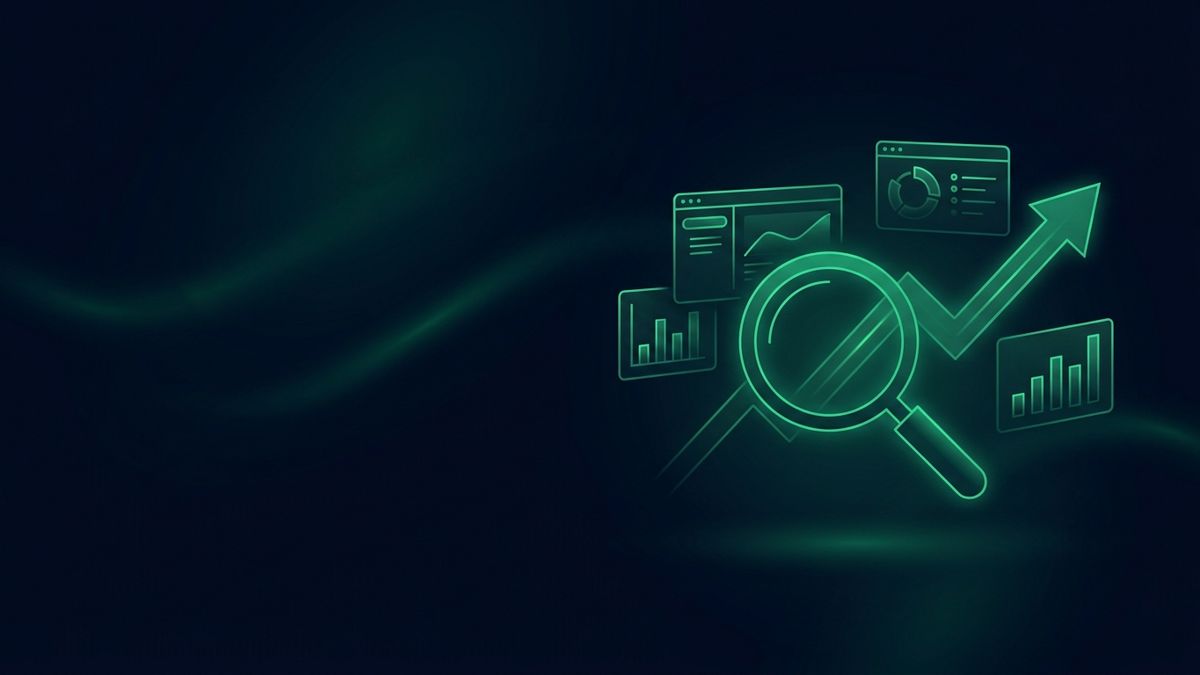 Analytics dashboards, a search glass and an upward trend arrow, illustrating personal injury SEO