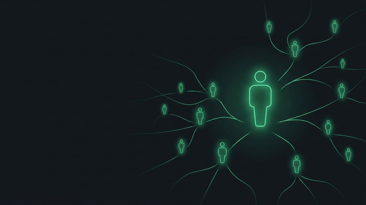 A glowing referral network spreading from one node, illustrating a client referral program for a personal injury firm
