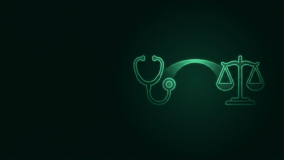A stethoscope and scales of justice joined by light, illustrating doctor referral relationships for personal injury firms
