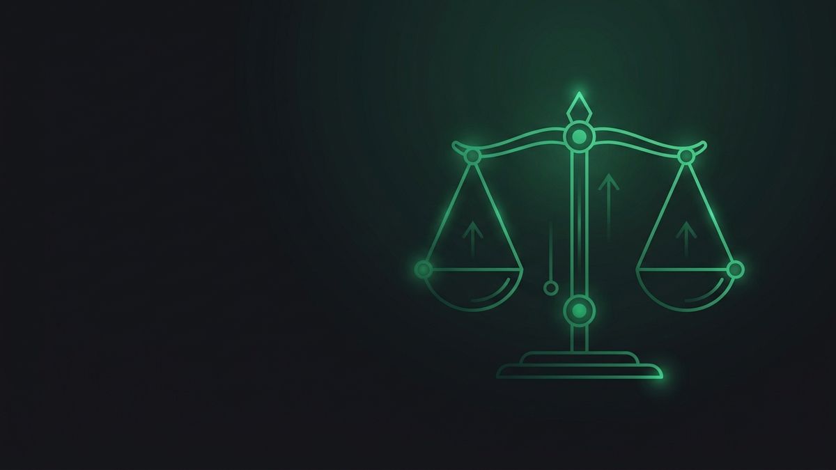 A glowing scales-of-justice emblem with growth arrows, illustrating personal injury law firm marketing
