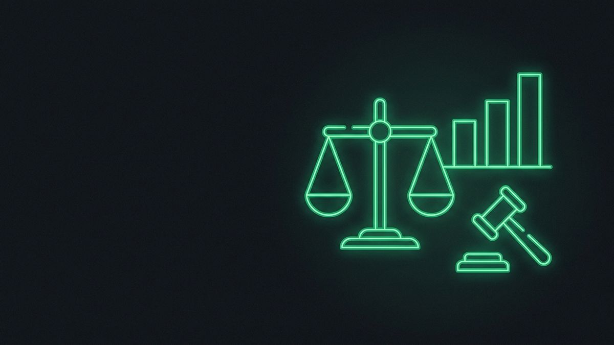 A glowing scales of justice and rising bars, illustrating marketing case results and verdicts compliantly