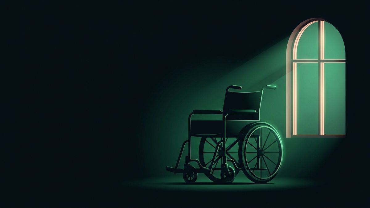 An empty wheelchair by a softly lit window, illustrating nursing home abuse case marketing