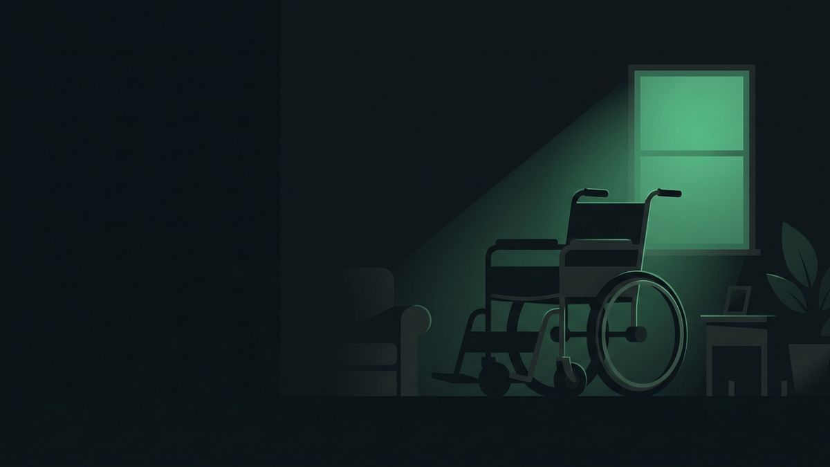 An empty wheelchair by a softly lit window, illustrating nursing home abuse case marketing