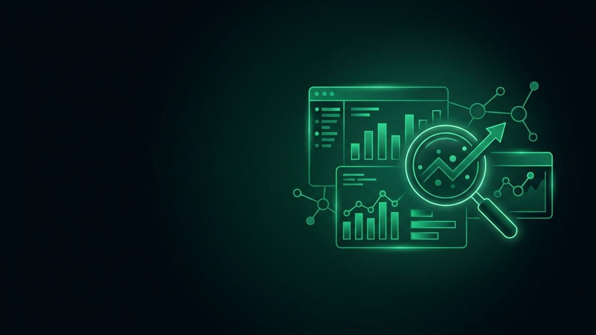 Analytics dashboards, a search glass and an upward trend arrow, illustrating personal injury SEO