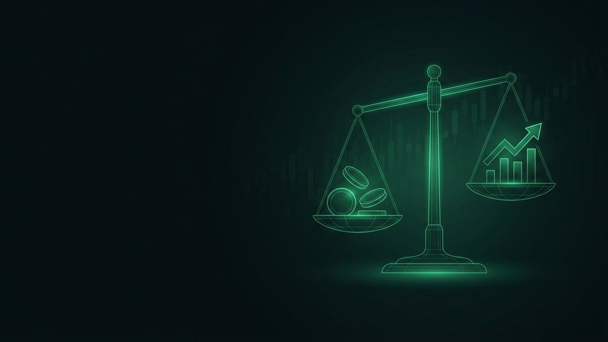 Glowing scales weighing coins against a bar chart, illustrating personal injury marketing economics