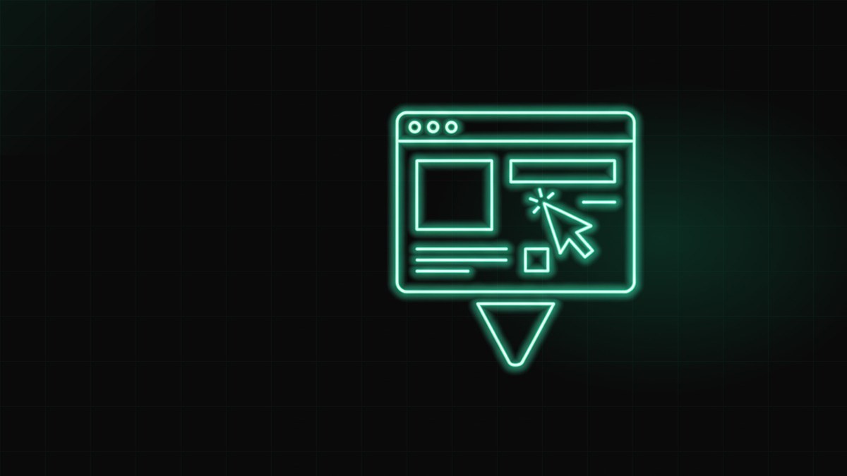 A glowing browser window with wireframe layout blocks, a clicking cursor, and a conversion funnel below, illustrating personal injury law firm website design