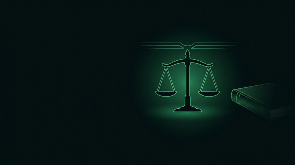 A glowing scales of justice and a rulebook, illustrating attorney advertising rules