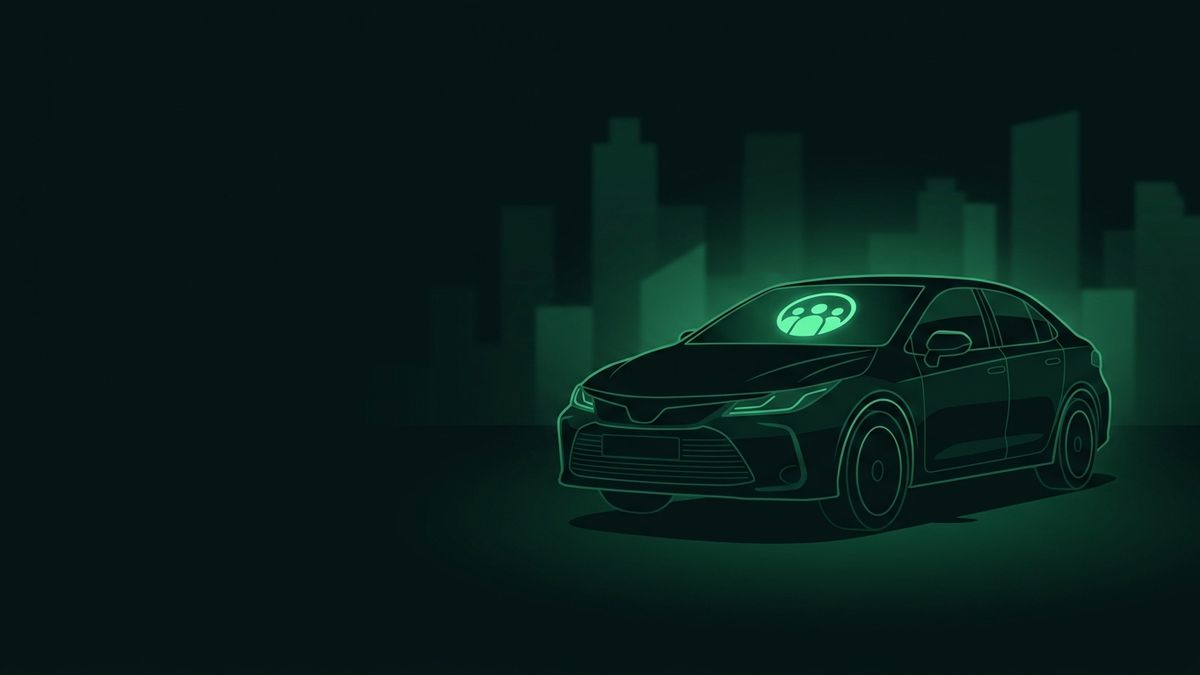 A rideshare car on a city street at night, illustrating rideshare accident marketing
