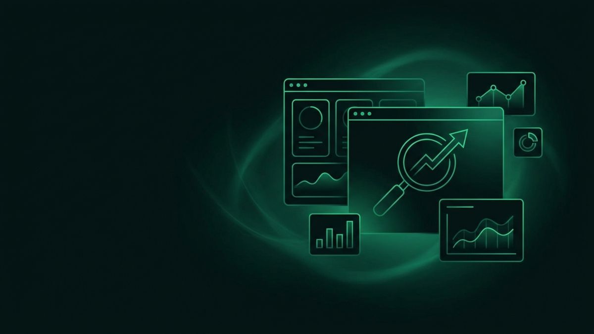 Analytics dashboards, a search glass and an upward trend arrow, illustrating personal injury SEO