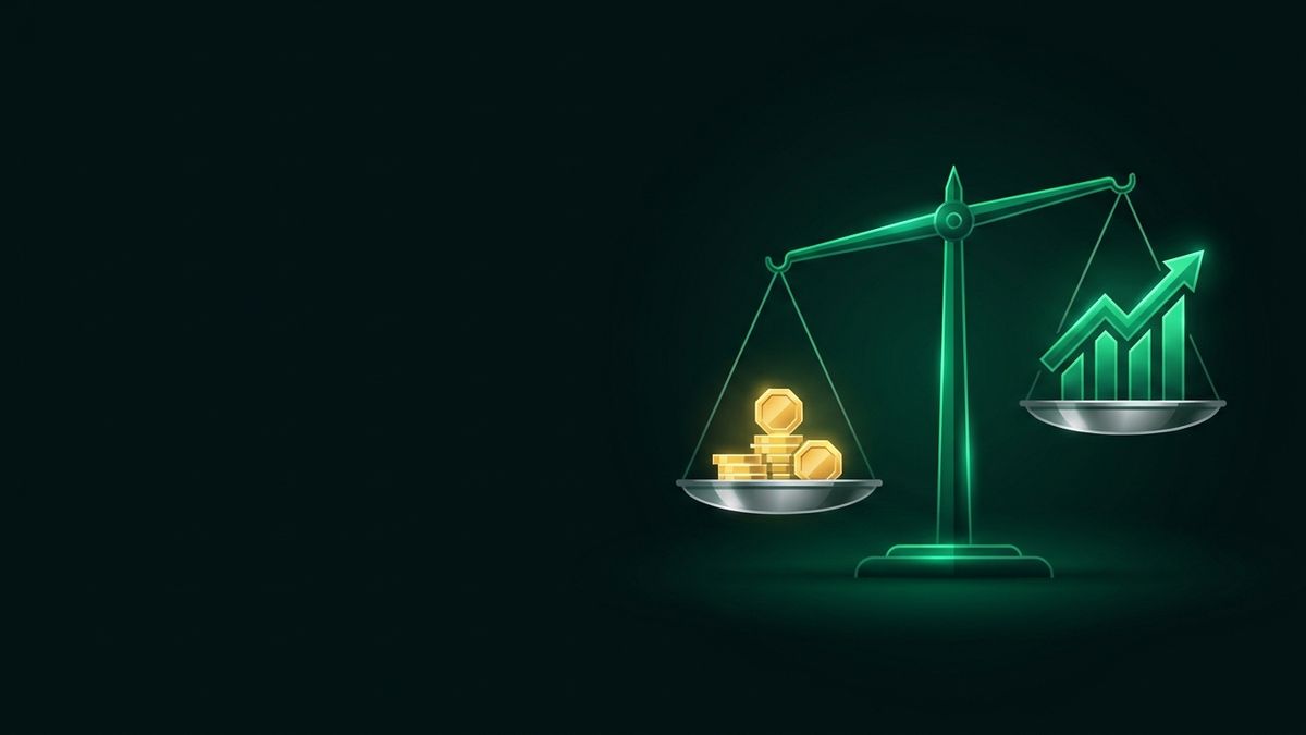 Glowing scales weighing coins against a bar chart, illustrating personal injury marketing economics