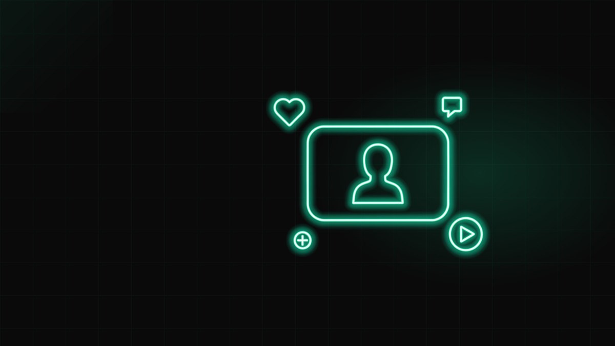 A glowing profile silhouette inside a play button surrounded by like and follow icons, illustrating personal branding on social media for lawyers