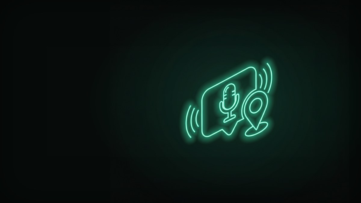 A glowing microphone inside a speech bubble beside a map pin and sound waves, illustrating voice search for law firms