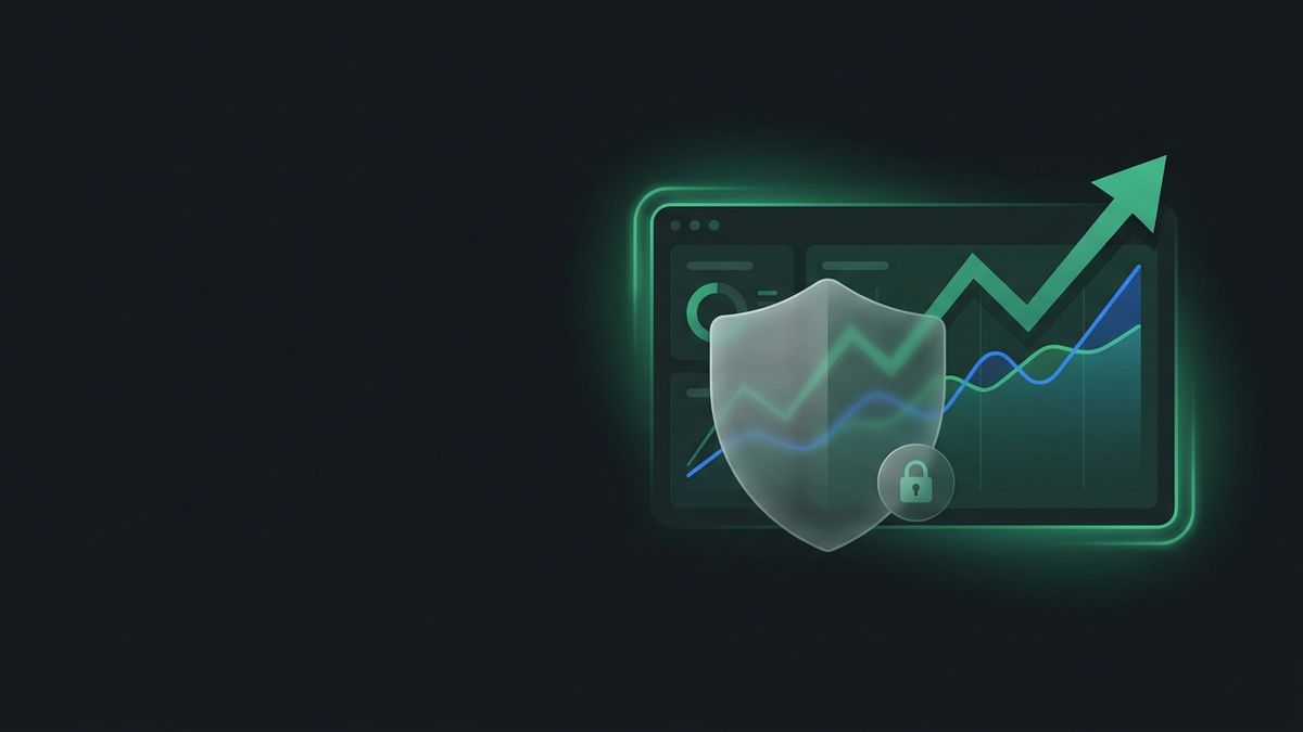 Glowing analytics dashboards behind a privacy shield and padlock, illustrating website analytics and cookie consent