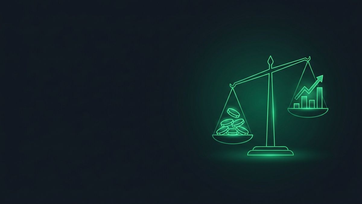 Glowing scales weighing coins against a bar chart, illustrating personal injury marketing economics