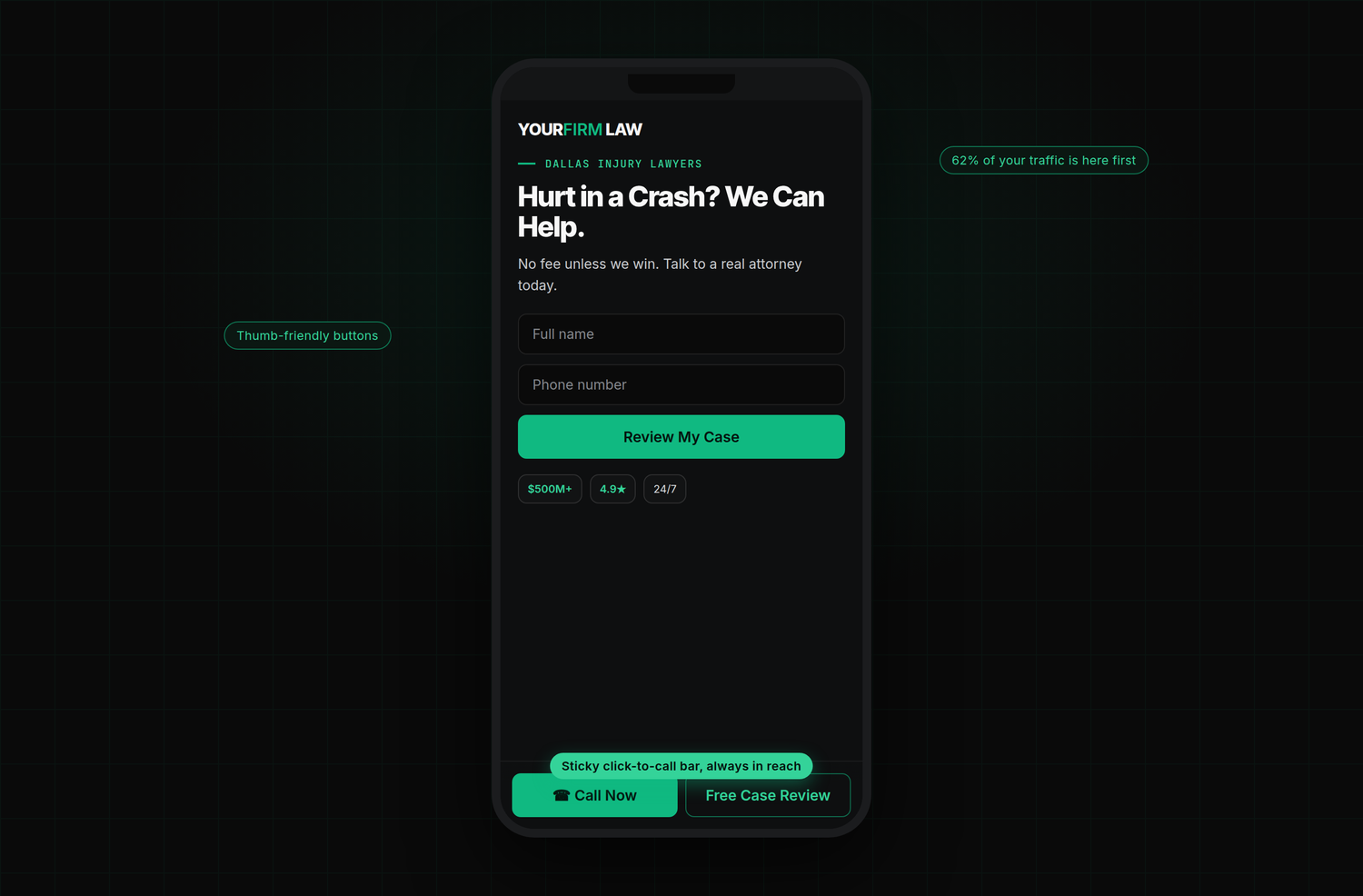 Mockup of a personal injury law firm website on a mobile phone with a sticky bottom call-to-action bar showing Call Now and Free Case Review buttons